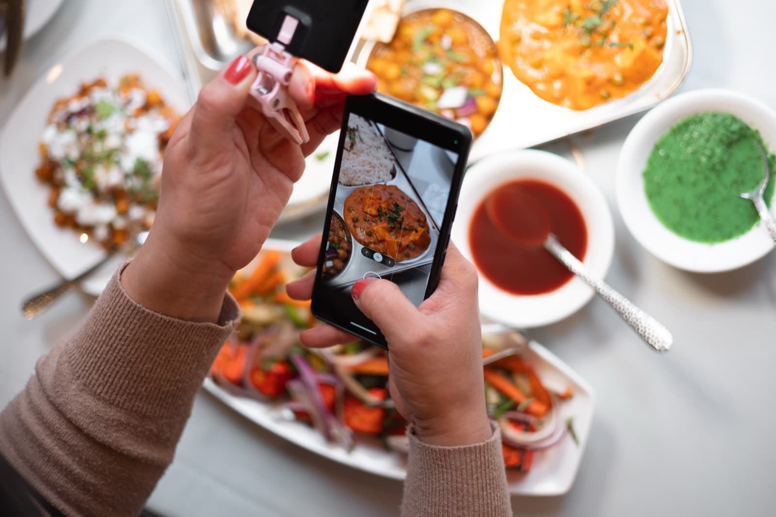 Overhead view of Jewel of India dishes including butter paneer, tandoori vegetables, chutneys, and basmati rice