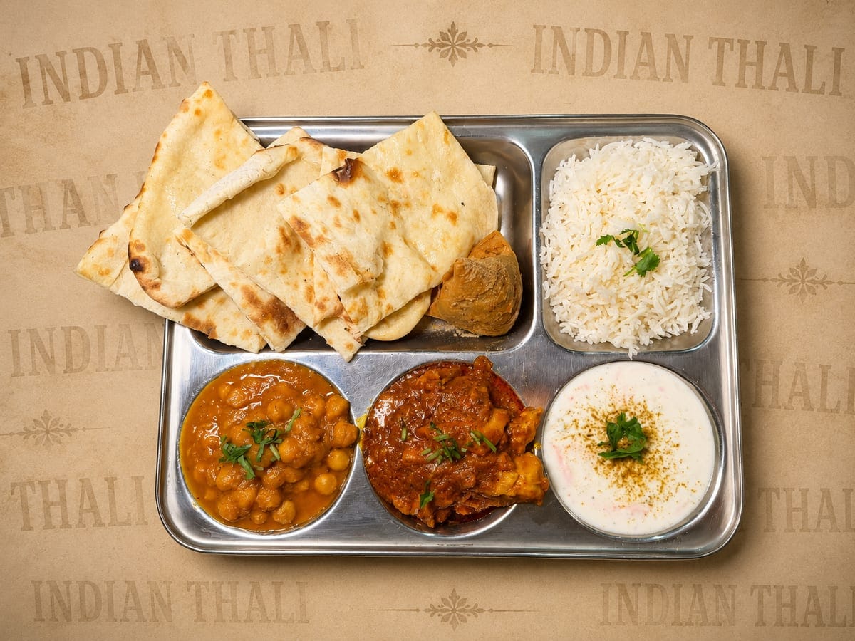 Jewel of India $16.99 weekday lunch thali in Seattle with chicken curry, channa masala, raita, basmati rice, naan and a samosa