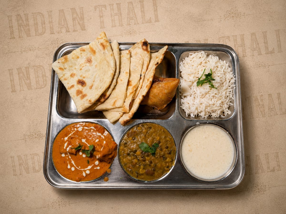Weekday lunch thali tray at Jewel of India near UW with butter chicken, dal maharani, kheer, basmati rice, naan and a samosa